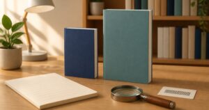 サイズの異なる無地のコミック本2冊、ノート、虫眼鏡、バーコード風カードを並べた版比較の机上風景